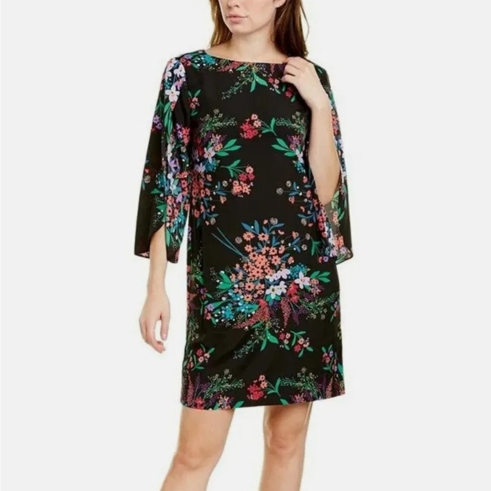 TRINA TURK Black Floral Print‎ Shift Dress Tulip Sleeve Size XS New